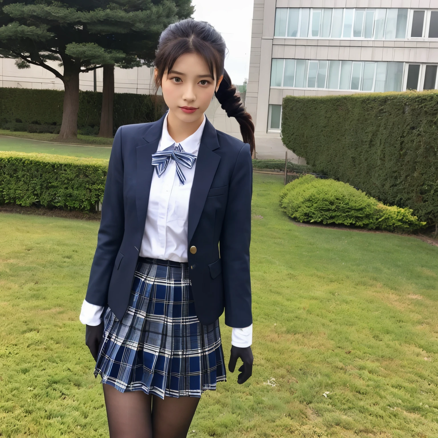 wool single navy blazer、Best Singles、bow ribbon、The shirt、Blue checked pleated skirt、Black leather long boots、Japanese high school  girl((He wears black leather gloves on both hands、Black hair ponytail、Japanese high school  girl))