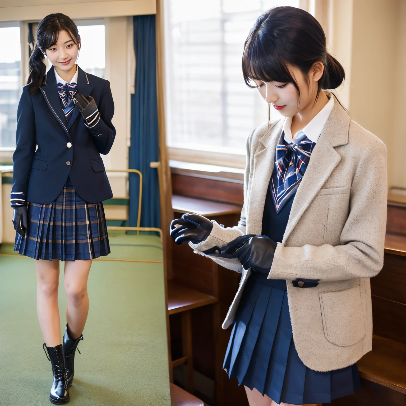 wool single navy blazer、Best Singles、bow ribbon、The shirt、Blue checked pleated skirt、Black leather long boots、Japanese high school girl((He wears black leather gloves on both hands、Black hair ponytail、Japanese high school girl))