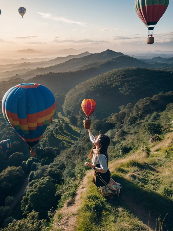((top-quality、in 8K、masterpiece:1.3、Raw photo))、((Japanese female idol riding a hot air balloon overlooking the jungle below)), Super high quality photos, Hot air balloon flying high above the vast jungle, Under the balloon is a vast tropical jungle, (Photorealistic: 1.4), (hyper realisitic: 1.4), (Realistic: 1.3), (Smooth lighting: 1.05), (Improved film illumination quality: 0. 9), 32K, (Quality Improvement: 1.4), Cinematic lighting、((Hot air balloon flying high above the vast jungle)), ((Japanese female idol riding a hot air balloon overlooking the jungle below)), ((Perfect beauty)), ((Slim and beautiful proportions)), ((evening)), Very beautiful Japan idols, Slim legs, Wear a see-through shirt,