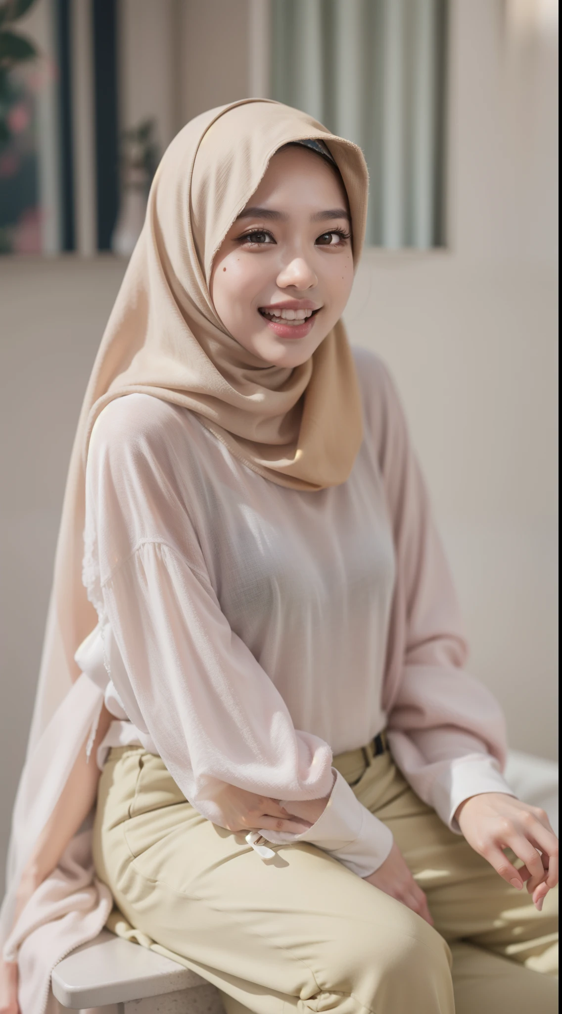 Malay girl in hijab wear big oversized loose blouse and high waist loose cotton pants, pastel color, seating, wear back pack, front view, detail skin, detail skin texture, mole below eyes, small breast, big hip, big waist, big thigh, slim abs, beautiful body, evening, laughing, happy, bright lighting, blur background, bokeh,Super 8mm lense, Extreme close-up, deep focus cinematography effect, Natural Lighting, pastel color grading, high quality, ultra detail, 8k resolution