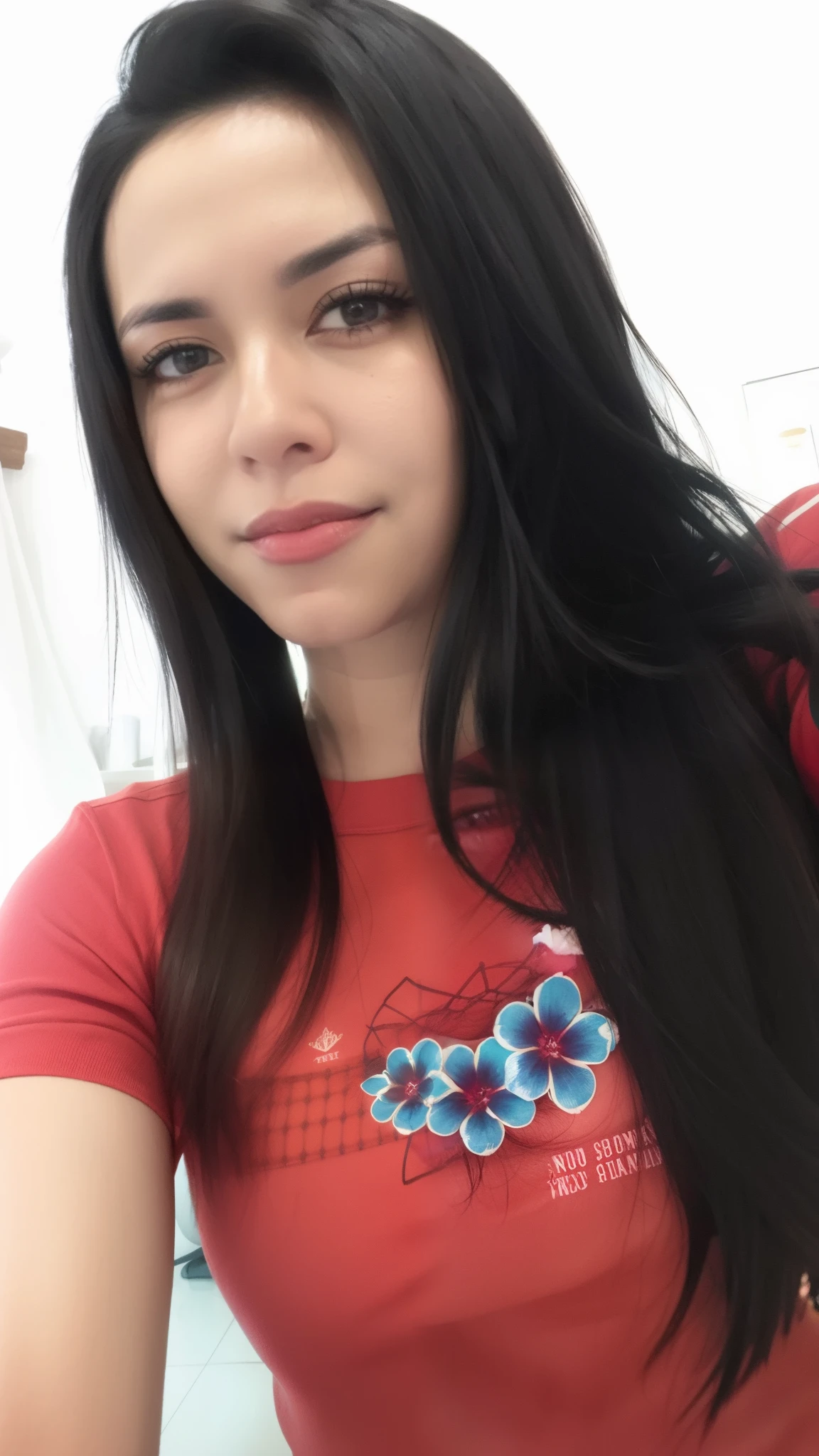 there is a woman that is taking a selfie in the mirror, com cabelo preto liso, com cabelos pretos, Alanis Guillen, Ayahausca, Mulher de 30 anos, 3 0 anos de idade mulher, em camiseta, Angiewolf, Parece Fabiula Nascimento, cabelo comprido e camisa vermelha, andrea rocha, imagem frontal, foto selfie