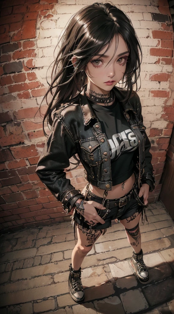 (((8k wallpaper of extremely detailed CG unit:1.2, masterpiece, hight resolution:1.2, top-quality:1.2, masutepiece))), ((a very beautiful woman, grunge style, Grunge Fashion, punk fashion, Wearing shoes, Hands in pockets:1.8)), ((extra detailed face, Highly detailed black eyes, extra detailed body, Top quality real texture skins)), (A dark-haired, The long-haired, de pele branca, Small:1.2), ((surrounded by a brick wall)), (high-angle:1.2, a closeup, Fisheye:1.4), hyper realisitic, digitial painting,