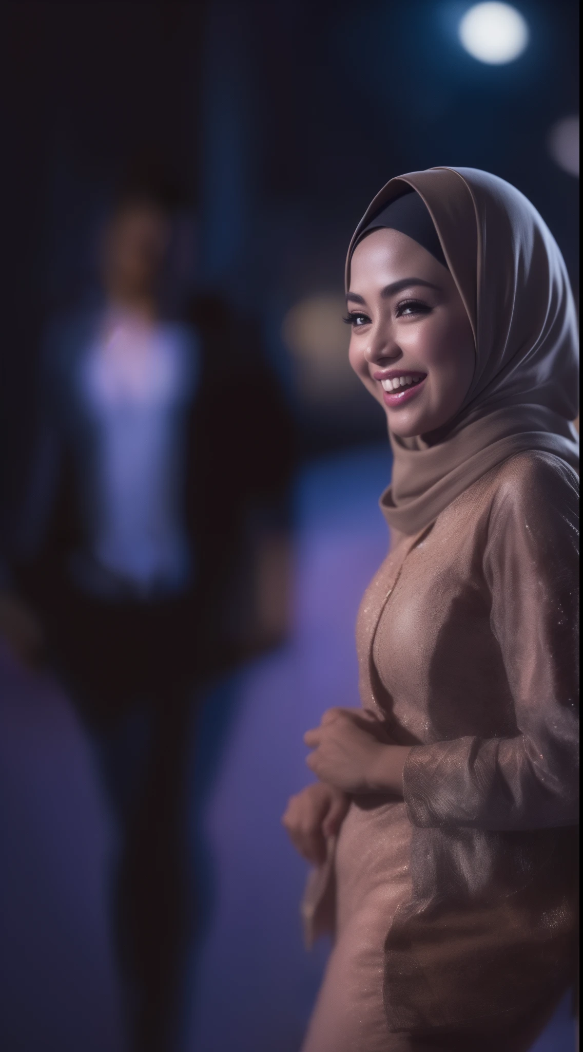 1girl, gorgeous Indonesian woman, silk abaya, hijab, smiling, shy, opened mouth, visible teeth, hot mom, full body portrait, (best quality,4k,8k,highres,masterpiece:1.2),ultra-detailed,(realistic,photorealistic,photo-realistic:1.37),HDR,UHD,studio lighting,ultra-fine painting,sharp focus,physically-based rendering,extreme detail description,professional,vivid colors,bokeh,portraits,warm color tones,dramatic lighting