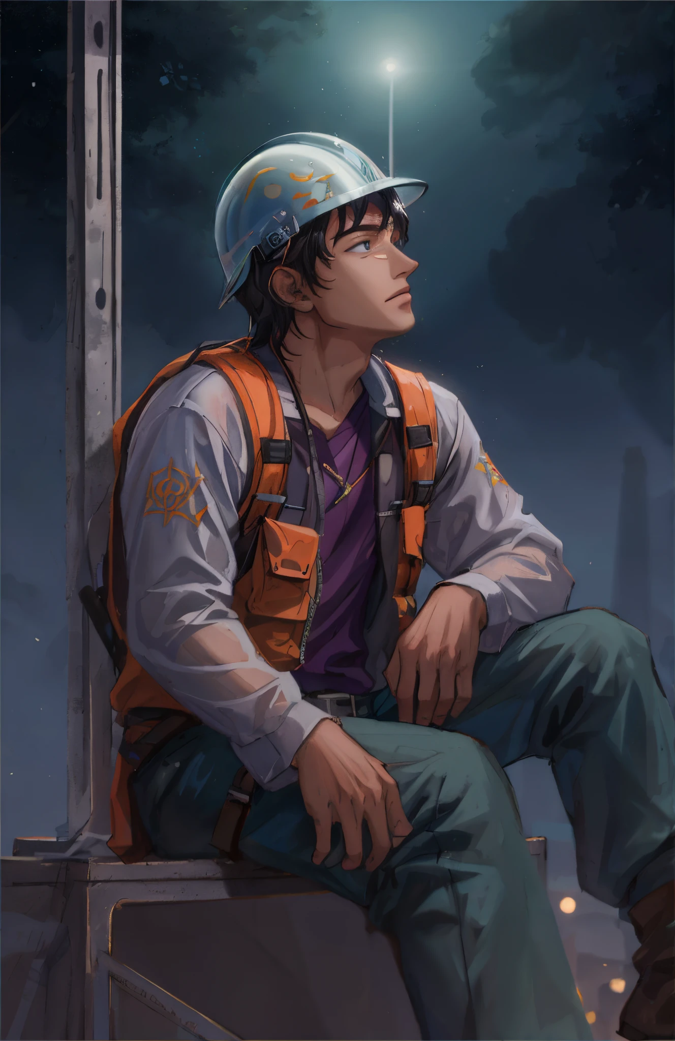 There&#39;s a man in a helmet sitting on a ledge, (SFW) Seguro para o trabalho, Seguro para o trabalho.CG Society, Seguro para o trabalho. CG Society, Guweiz style artwork, inspired by Yeong-Hao Han, Dōjinga, Inspired by Zhang Chengye, Detailed fanart, High-quality fanart, Very detailed and beautiful fan art