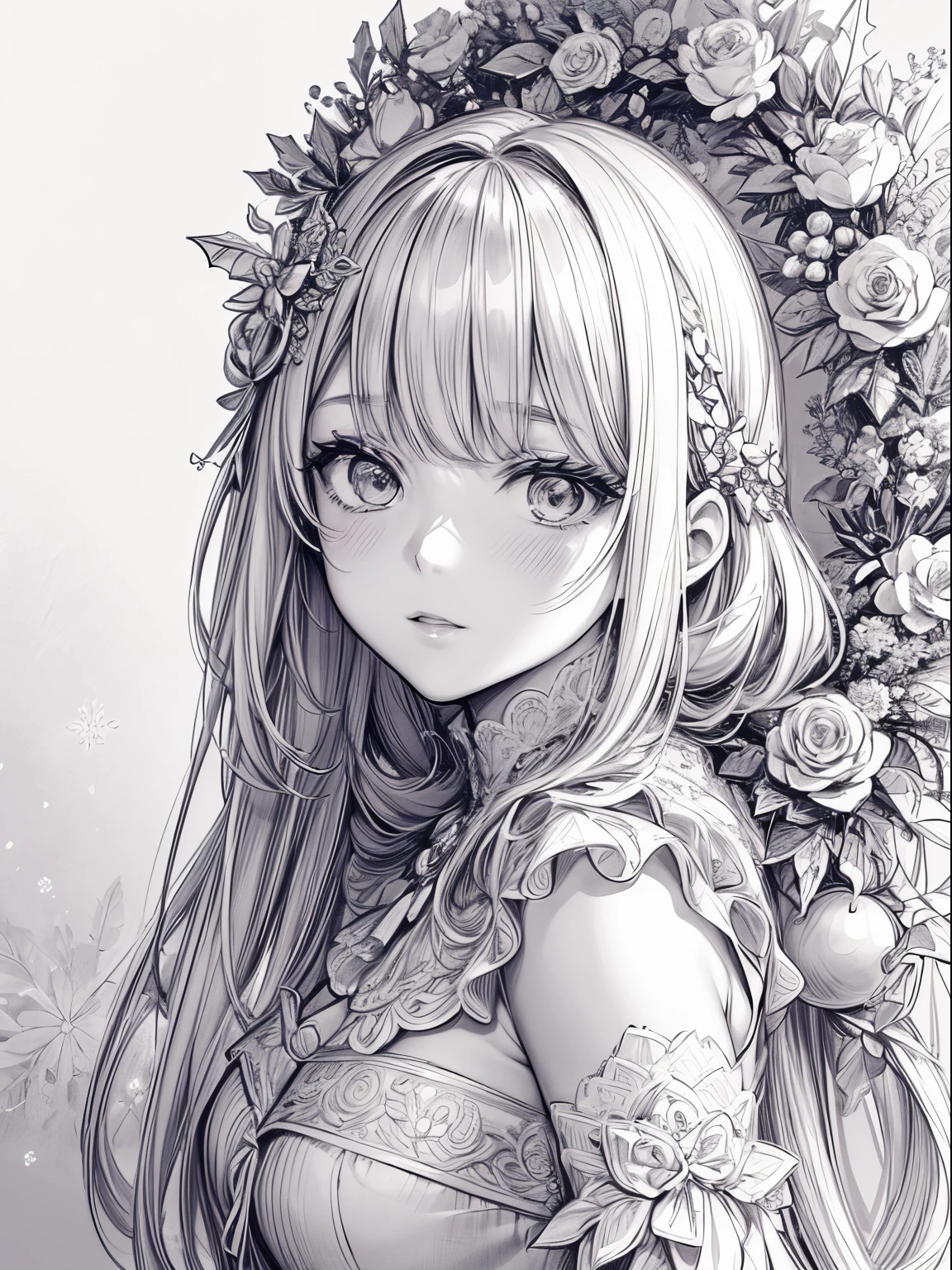 Line drawing background, white backgrounid, Mono Color, a line drawing, ((a sketch)), Stunning and detailed,(1 girl and beautiful Christmas wreath),Detailed flower,ornate flowers,flowers with intricate details