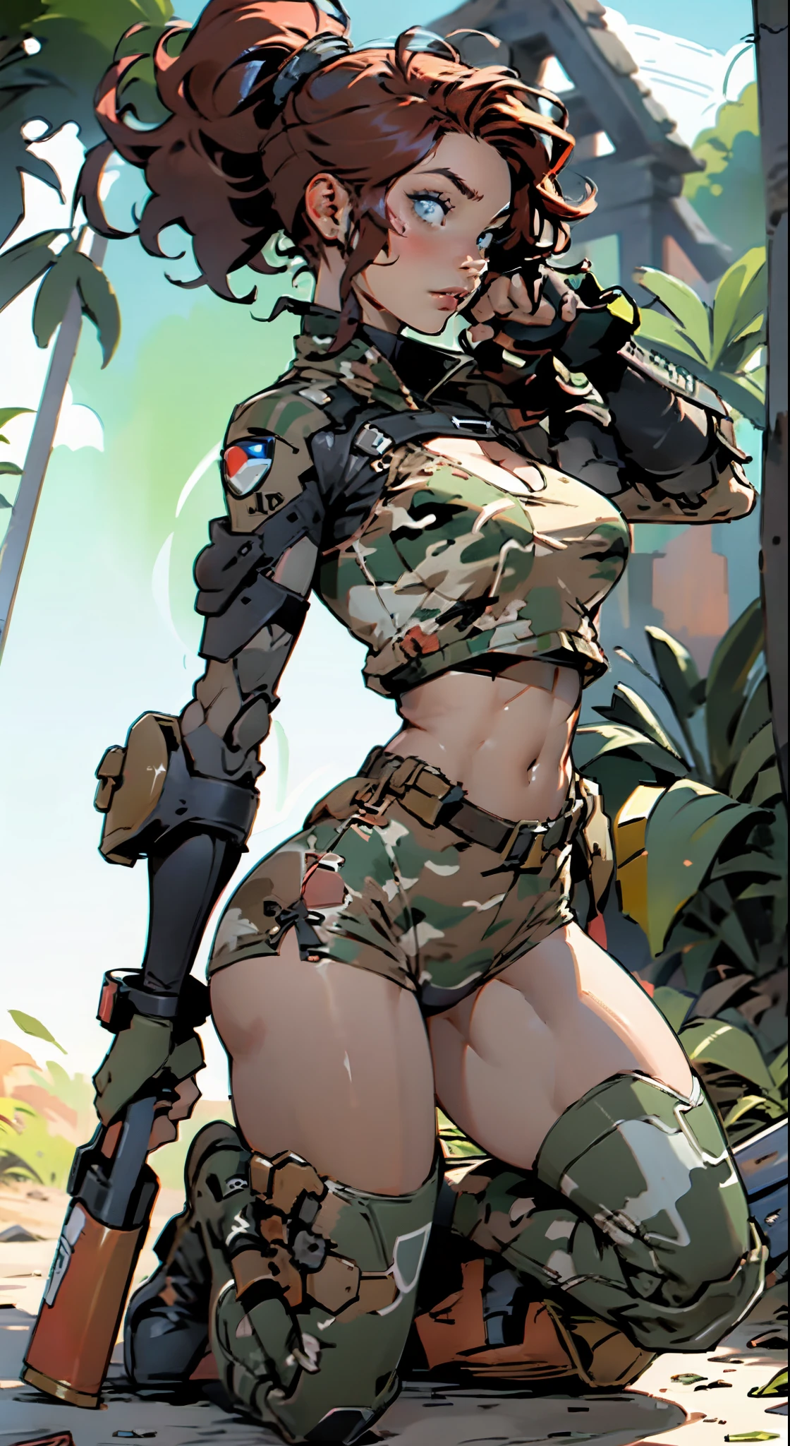 1woman 20 years old, max resolution, sculpted, military, wearing a soldier helmet, beautiful, perfect body, red hair, blue eyes, perfect body, thin waist, wide hips, large breasts, slim thighs, jungle background, armored vehicle, military robot dog, camouflaged uniform, tight panties, two-piece, highly detailed, high resolution, perfect hands, side view, camo, face fully turned to the side to look at the viewer, turn her head to look at the viewer, genuflection kneeling, one knee on ground, one knee up, holding up a rifle