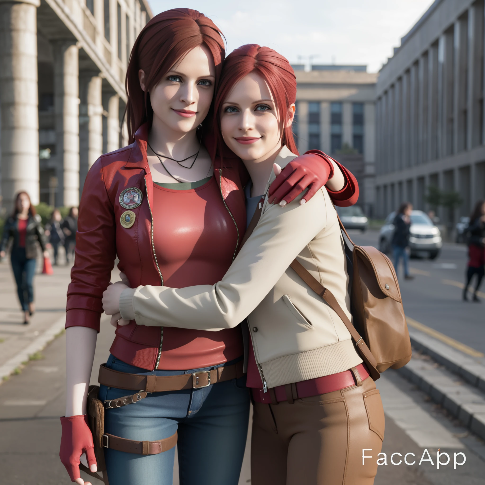 Claire redfield, Woman, wearing red jacket, red long hair, rednail polish, little smile, Happy expression
