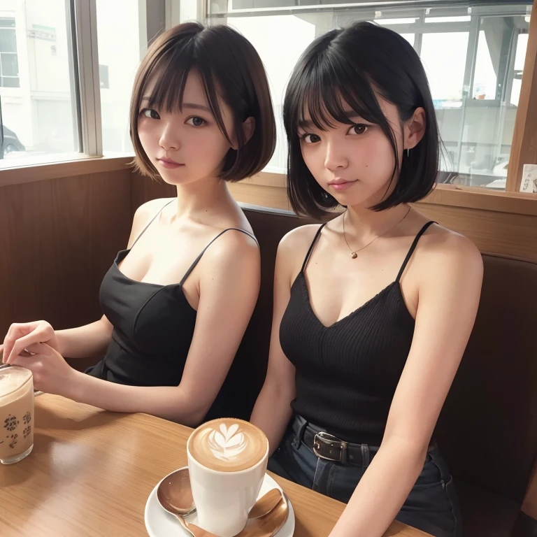 1girl in, 22year old, gradient, up looking_で_viewer, Black_hair, Solo by JM, Yoshiko Akishino, Shorthair, sisterhood, cafes