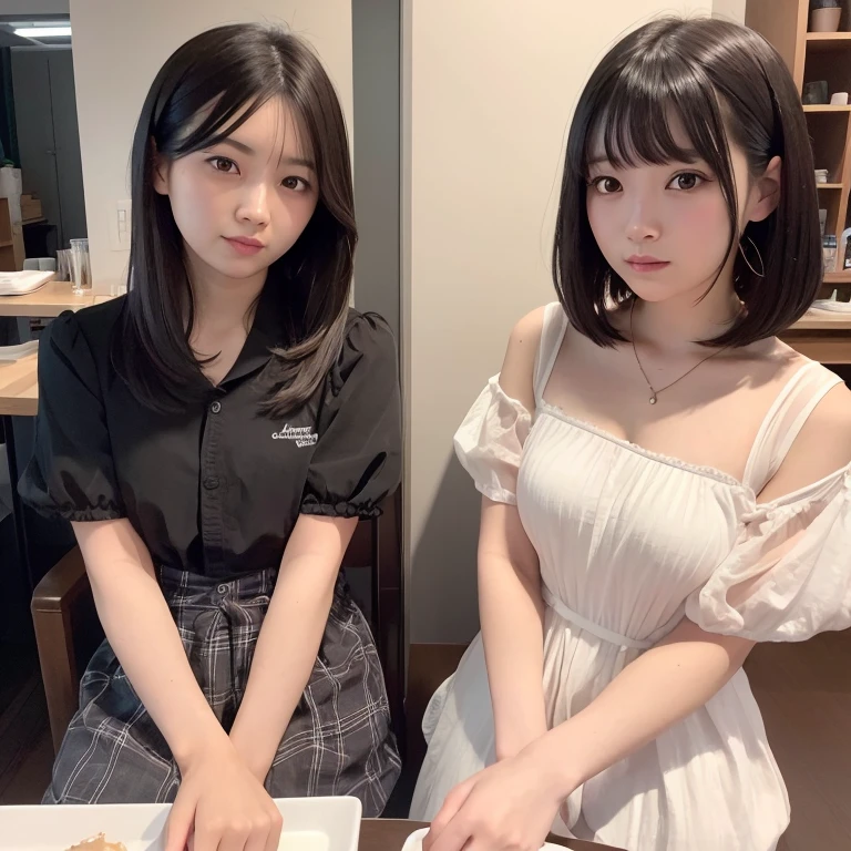 1girl in, 22year old, gradient, up looking_で_viewer, Black_hair, Solo by JM, Yoshiko Akishino, Shorthair, sisterhood, cafes