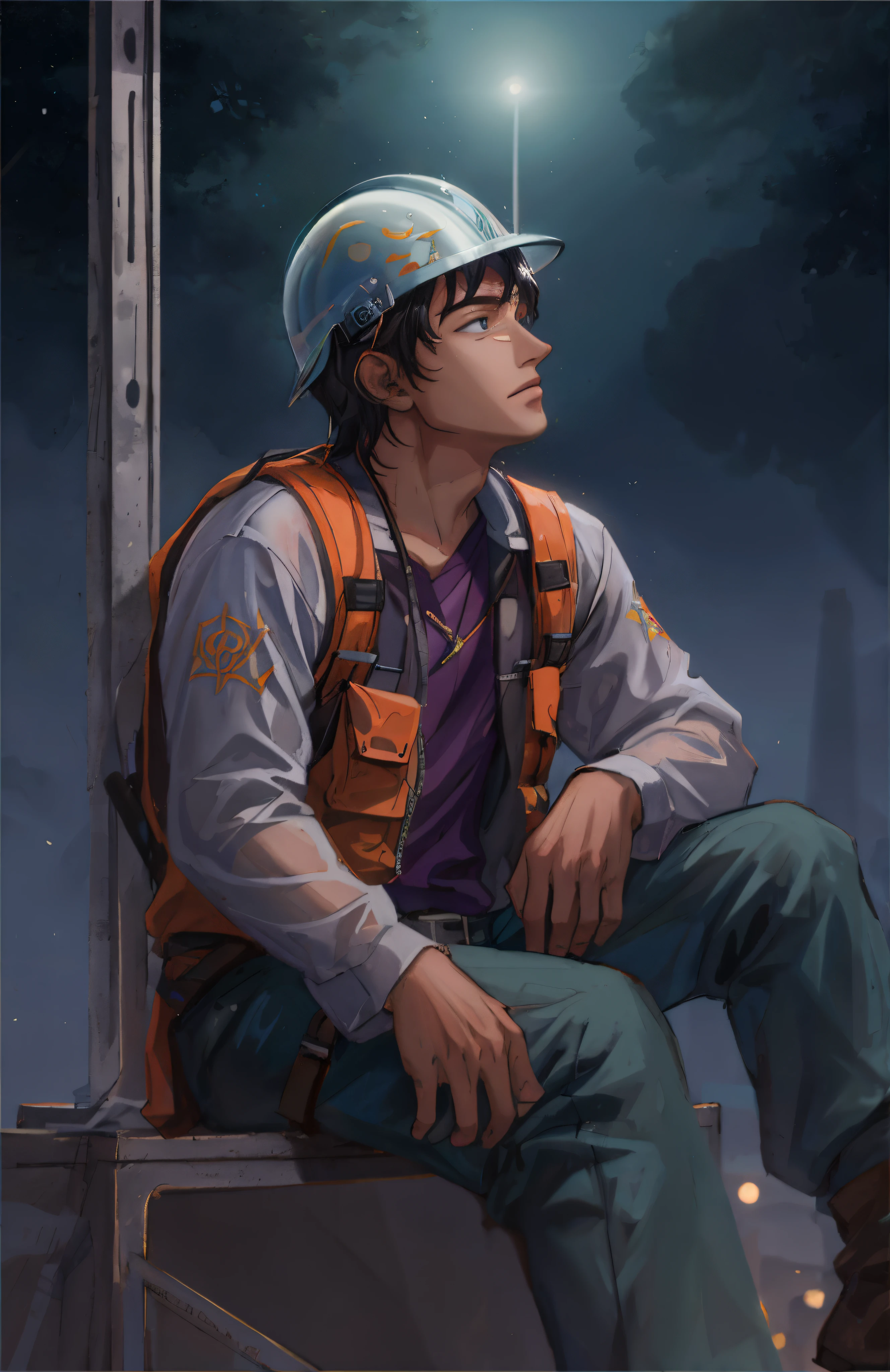 There's a man in a helmet sitting on a ledge, (SFW) Seguro para o trabalho, Seguro para o trabalho.CG Society, Seguro para o trabalho. CG Society, Guweiz style artwork, inspired by Yeong-Hao Han, Dōjinga, Inspired by Zhang Chengye, Detailed fanart, High-quality fanart, Very detailed and beautiful fan art