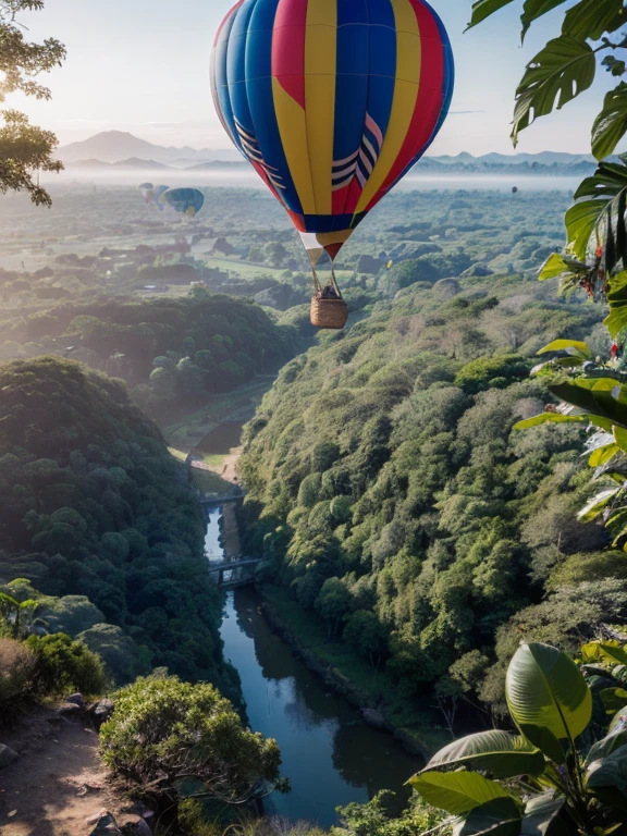 ((top-quality、in 8K、masterpiece:1.3、Raw photo))、((Japanese female idol riding a hot air balloon overlooking the jungle below)), Super high quality photos, Hot air balloon flying high above the vast jungle, Under the balloon is a vast tropical jungle, (Photorealistic: 1.4), (hyper realisitic: 1.4), (Realistic: 1.3), (Smooth lighting: 1.05), (Improved film illumination quality: 0. 9), 32K, (Quality Improvement: 1.4), Cinematic lighting、((Hot air balloon flying high above the vast jungle)), ((Japanese female idol riding a hot air balloon overlooking the jungle below)), ((Perfect beauty)), ((Slim and beautiful proportions)), ((evening)), Very beautiful Japan idols, Slim legs, Wear a see-through shirt,