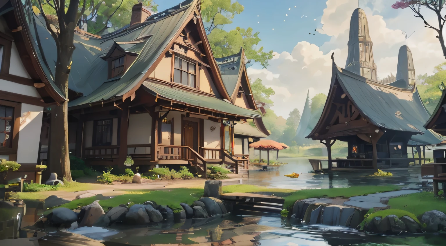 (Best quality at best),(tmasterpiece),(ultra - detailed),(high detal),(The is very detailed),The subject: Anime background illustration medium: Original photography. settle: 4000x3000 pixels. Color Palette: soft and muted colors，With a touch of vitality. sentiment: serene, Whimsical, And invited. artworks: Balanced composition，Focus and foreground elements complement each other. lamplight: Mild, Diffuse lighting with subtle changes in brightness. styled: inspired by anime，With a touch of fantasy and charm. the detail: Includes elements such as blooming cherry blossom trees, Lush greenery, Comfortable building, and winding paths. inspiration: Anime landscapes, studio ghibli movie, fansty world, and tranquil nature. camera settings: There are none (Because it is a digital illustration). Supplementary notes: Pay attention to atmospheric perspective, Distant objects appear brighter and have less detail. Combine depth by adding a foreground layer, Middle ground, and background elements. Use soft brushstrokes and blending techniques to create a dreamy, ethereal atmosphere. Consider adding a magical or fantasy element, Such as floating islands, Whimsical creatures, or glowing spheres. Small touches including birds, butterflys, Or fall leaves to enhance the sense of movement and life. Try different textures, such as rough tree bark or smooth water. Incorporate natural elements，Create a sense of tranquility and harmony.