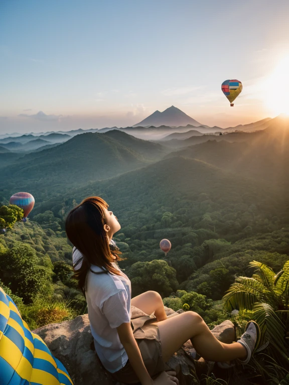 ((top-quality、in 8K、masterpiece:1.3、Raw photo))、((Japanese female idol riding a hot air balloon overlooking the jungle below)), Super high quality photos, Hot air balloon flying high above the vast jungle, Under the balloon is a vast tropical jungle, (Photorealistic: 1.4), (hyper realisitic: 1.4), (Realistic: 1.3), (Smooth lighting: 1.05), (Improved film illumination quality: 0. 9), 32K, (Quality Improvement: 1.4), Cinematic lighting、((Hot air balloon flying high above the vast jungle)), ((Japanese female idol riding a hot air balloon overlooking the jungle below)), ((Perfect beauty)), ((Slim and beautiful proportions)), ((evening)), Very beautiful Japan idols, Slim legs, Wear a see-through shirt,