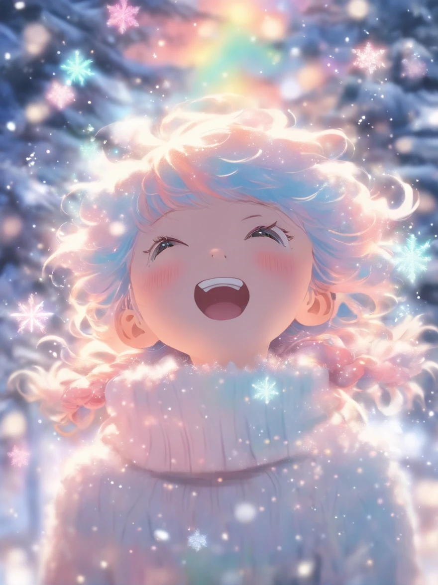 The exhaled breath is white:1.5,wearing a pink knitted hat,Looking up at the sky,Snowflakes and stars on pink and blue background, Ayako Rokkaku'pastels, Tumbler, holography, light snowing, pastel faded effect, snowy background, light snowing, background is heavenly, Dancing snowflakes, Snowflower, Gentle background, Background pastels, Shining snow, Snowflower, bokeh rainbow accent, snowflakes falling, magical background