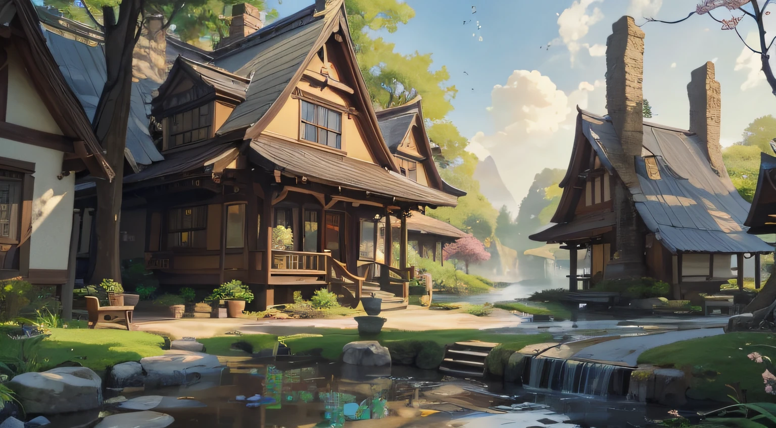 (Best quality at best),(tmasterpiece),(ultra - detailed),(high detal),(The is very detailed),The subject: Anime background illustration medium: Original photography. settle: 4000x3000 pixels. Color Palette: soft and muted colors,With a touch of vitality. sentiment: serene, Whimsical, And invited. artworks: Balanced composition,Focus and foreground elements complement each other. lamplight: Mild, Diffuse lighting with subtle changes in brightness. styled: inspired by anime,With a touch of fantasy and charm. the detail: Includes elements such as blooming cherry blossom trees, Lush greenery, Comfortable building, and winding paths. inspiration: Anime landscapes, studio ghibli movie, fansty world, and tranquil nature. camera settings: There are none (Because it is a digital illustration). Supplementary notes: Pay attention to atmospheric perspective, Distant objects appear brighter and have less detail. Combine depth by adding a foreground layer, Middle ground, and background elements. Use soft brushstrokes and blending techniques to create a dreamy, ethereal atmosphere. Consider adding a magical or fantasy element, Such as floating islands, Whimsical creatures, or glowing spheres. Small touches including birds, butterflys, Or fall leaves to enhance the sense of movement and life. Try different textures, such as rough tree bark or smooth water. Incorporate natural elements,Create a sense of tranquility and harmony.