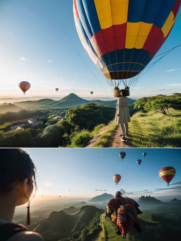 ((top-quality、in 8K、masterpiece:1.3、Raw photo))、((Japanese female idol riding a hot air balloon overlooking the jungle below)), Super high quality photos, Hot air balloon flying high above the vast jungle, Under the balloon is a vast tropical jungle, (Photorealistic: 1.4), (hyper realisitic: 1.4), (Realistic: 1.3), (Smooth lighting: 1.05), (Improved film illumination quality: 0. 9), 32K, (Quality Improvement: 1.4), Cinematic lighting、((Hot air balloon flying high above the vast jungle)), ((Japanese female idol riding a hot air balloon overlooking the jungle below)), ((Perfect beauty)), ((Slim and beautiful proportions)), ((evening)), Very beautiful Japan idols, Slim legs, Wear a see-through shirt,