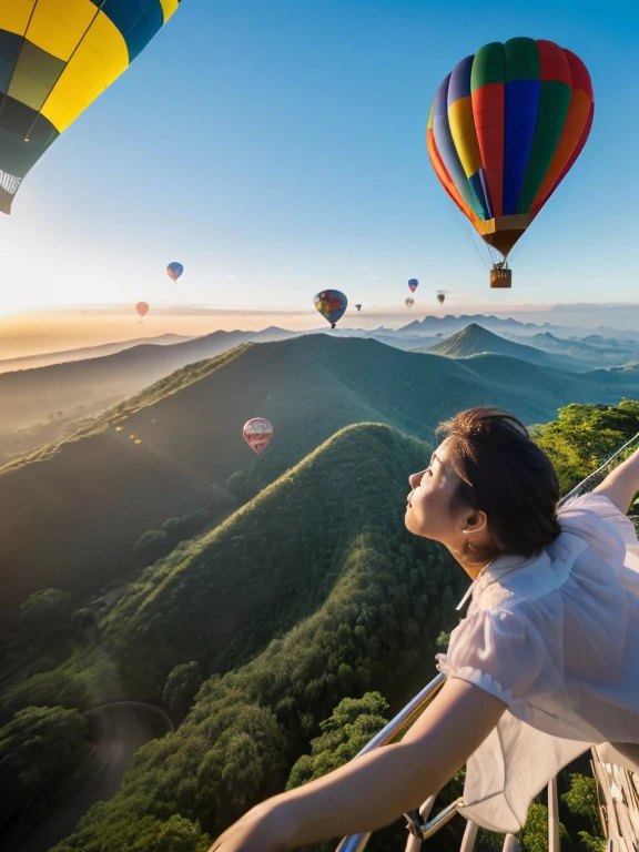 ((top-quality、in 8K、masterpiece:1.3、Raw photo))、((Japanese female idol riding a hot air balloon overlooking the jungle below)), Super high quality photos, Hot air balloon flying high above the vast jungle, Under the balloon is a vast tropical jungle, (Photorealistic: 1.4), (hyper realisitic: 1.4), (Realistic: 1.3), (Smooth lighting: 1.05), (Improved film illumination quality: 0. 9), 32K, (Quality Improvement: 1.4), Cinematic lighting、((Hot air balloon flying high above the vast jungle)), ((Japanese female idol riding a hot air balloon overlooking the jungle below)), ((Perfect beauty)), ((Slim and beautiful proportions)), ((evening)), Very beautiful Japan idols, Slim legs, Wear a see-through shirt,