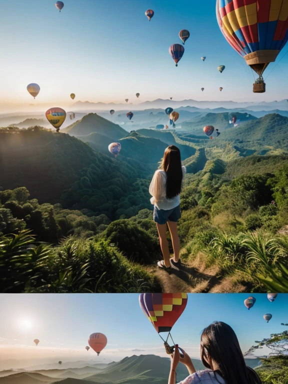 ((top-quality、in 8K、masterpiece:1.3、Raw photo))、((Japanese female idol riding a hot air balloon overlooking the jungle below)), Super high quality photos, Hot air balloon flying high above the vast jungle, Under the balloon is a vast tropical jungle, (Photorealistic: 1.4), (hyper realisitic: 1.4), (Realistic: 1.3), (Smooth lighting: 1.05), (Improved film illumination quality: 0. 9), 32K, (Quality Improvement: 1.4), Cinematic lighting、((Hot air balloon flying high above the vast jungle)), ((Japanese female idol riding a hot air balloon overlooking the jungle below)), ((Perfect beauty)), ((Slim and beautiful proportions)), ((evening)), Very beautiful Japan idols, Slim legs, Wear a see-through shirt,