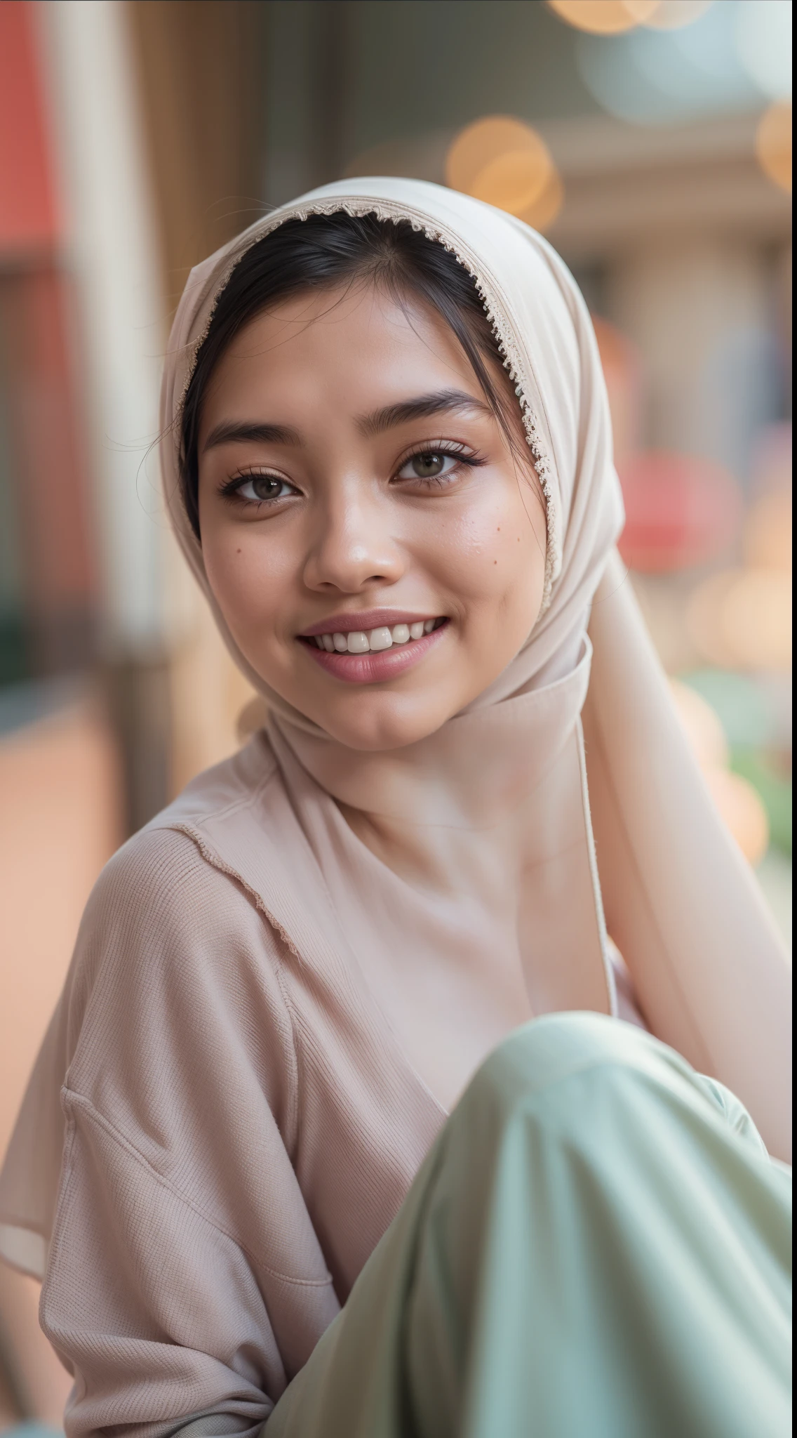 Malay girl in hijab wear big oversized loose blouse and high waist loose cotton pants, pastel color, seating, wear back pack, front view, detail skin, detail skin texture, mole below eyes, small breast, big hip, big waist, big thigh, slim abs, beautiful body, evening, laughing, happy, bright lighting, blur background, bokeh,Super 8mm lense, Extreme close-up, deep focus cinematography effect, Natural Lighting, pastel color grading, high quality, ultra detail, 8k resolution