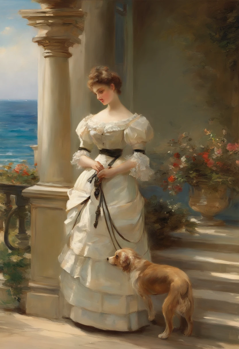 A young beguilingly beautiful Victorian lady with a little dog on a leash standing on a veranda looking out to sea painting by Adolphe Menzel