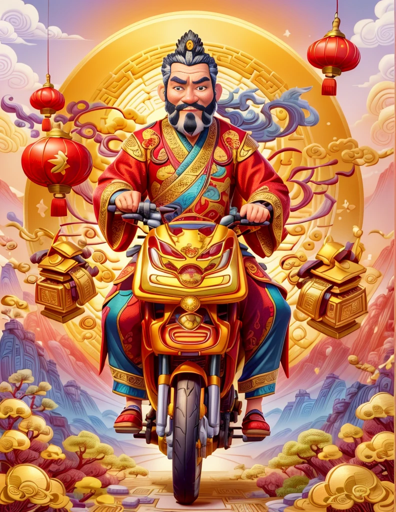 pixar style, (long shot: 1.8), (Chinese - chic Chinese mythological God of Wealth, anatomically correct, oriental elements), (A lovely God of Wealth，Riding an e-bike，Backpack packed with gold ingots，Treasures follow), (China - Stylish Illustration: 1.5, Vector Drawing: 1.5), (Chinese Colors, Advanced Color Matching, Gradient Background, White Background: 1.5), (Very Detailed, Well Designed, Clear Lines, High Definition, Best Quality, Masterpiece, Official Art, Cinematic Lighting Effects, 8K)