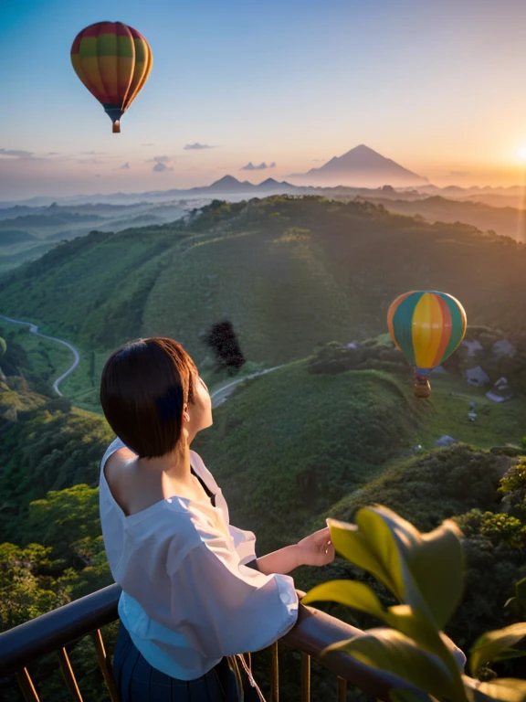 ((top-quality、in 8K、masterpiece:1.3、Raw photo))、((Japanese female idol riding a hot air balloon overlooking the jungle below)), Super high quality photos, Hot air balloon flying high above the vast jungle, Under the balloon is a vast tropical jungle, (Photorealistic: 1.4), (hyper realisitic: 1.4), (Realistic: 1.3), (Smooth lighting: 1.05), (Improved film illumination quality: 0. 9), 32K, (Quality Improvement: 1.4), Cinematic lighting、((Hot air balloon flying high above the vast jungle)), ((Japanese female idol riding a hot air balloon overlooking the jungle below)), ((Perfect beauty)), ((Slim and beautiful proportions)), ((evening)), Very beautiful Japan idols, Slim legs, Wear a see-through shirt,