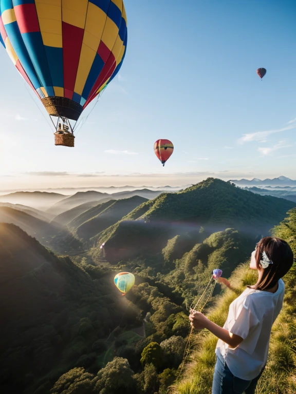 ((top-quality、in 8K、​masterpiece:1.3、Raw photo))、((Japanese female idol riding a hot air balloon overlooking the jungle below)), Super high quality photos, Hot air balloon flying high above the vast jungle, Under the balloon is a vast tropical jungle, (Photorealistic: 1.4), (hyper realisitic: 1.4), (Realistic: 1.3), (Smooth lighting: 1.05), (Improved film illumination quality: 0. 9), 32K, (Quality Improvement: 1.4), Cinematic lighting、((Hot air balloon flying high above the vast jungle)), ((Japanese female idol riding a hot air balloon overlooking the jungle below)), ((Perfect beauty)), ((Slim and beautiful proportions)), ((evening)), Very beautiful Japan idols, Slim legs, Wear a see-through shirt,