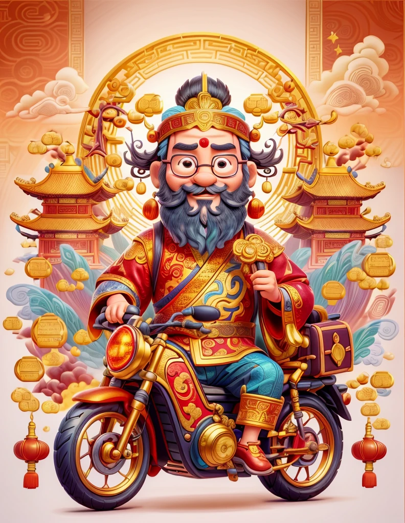 pixar style, (long shot: 1.8), (Chinese - chic Chinese mythological God of Wealth, anatomically correct, oriental elements), (A lovely God of Wealth,Riding an e-bike,Backpack packed with gold ingots,Treasures follow), (China - Stylish Illustration: 1.5, Vector Drawing: 1.5), (Chinese Colors, Advanced Color Matching, Gradient Background, White Background: 1.5), (Very Detailed, Well Designed, Clear Lines, High Definition, Best Quality, Masterpiece, Official Art, Cinematic Lighting Effects, 8K)