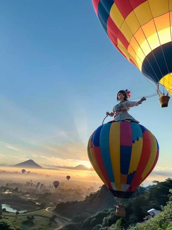 ((top-quality、in 8K、​masterpiece:1.3、Raw photo))、((Japanese female idol riding a hot air balloon overlooking the jungle below)), Super high quality photos, Hot air balloon flying high above the vast jungle, Under the balloon is a vast tropical jungle, (Photorealistic: 1.4), (hyper realisitic: 1.4), (Realistic: 1.3), (Smooth lighting: 1.05), (Improved film illumination quality: 0. 9), 32K, (Quality Improvement: 1.4), Cinematic lighting、((Hot air balloon flying high above the vast jungle)), ((Japanese female idol riding a hot air balloon overlooking the jungle below)), ((Perfect beauty)), ((Slim and beautiful proportions)), ((evening)), Very beautiful Japan idols, Slim legs, Wear a see-through shirt,