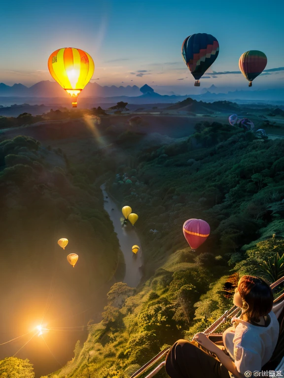 ((top-quality、in 8K、​masterpiece:1.3、Raw photo))、((Japanese female idol riding a hot air balloon overlooking the jungle below)), Super high quality photos, Hot air balloon flying high above the vast jungle, Under the balloon is a vast tropical jungle, (Photorealistic: 1.4), (hyper realisitic: 1.4), (Realistic: 1.3), (Smooth lighting: 1.05), (Improved film illumination quality: 0. 9), 32K, (Quality Improvement: 1.4), Cinematic lighting、((Hot air balloon flying high above the vast jungle)), ((Japanese female idol riding a hot air balloon overlooking the jungle below)), ((Perfect beauty)), ((Slim and beautiful proportions)), ((evening)), Very beautiful Japan idols, Slim legs, Wear a see-through shirt,