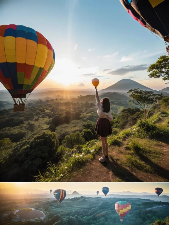 ((top-quality、in 8K、masterpiece:1.3、Raw photo))、((Japanese female idol riding a hot air balloon overlooking the jungle below)), Super high quality photos, Hot air balloon flying high above the vast jungle, Under the balloon is a vast tropical jungle, (Photorealistic: 1.4), (hyper realisitic: 1.4), (Realistic: 1.3), (Smooth lighting: 1.05), (Improved film illumination quality: 0. 9), 32K, (Quality Improvement: 1.4), Cinematic lighting、((Hot air balloon flying high above the vast jungle)), ((Japanese female idol riding a hot air balloon overlooking the jungle below)), ((Perfect beauty)), ((Slim and beautiful proportions)), ((evening)), Very beautiful Japan idols, Slim legs, Wear a see-through shirt,