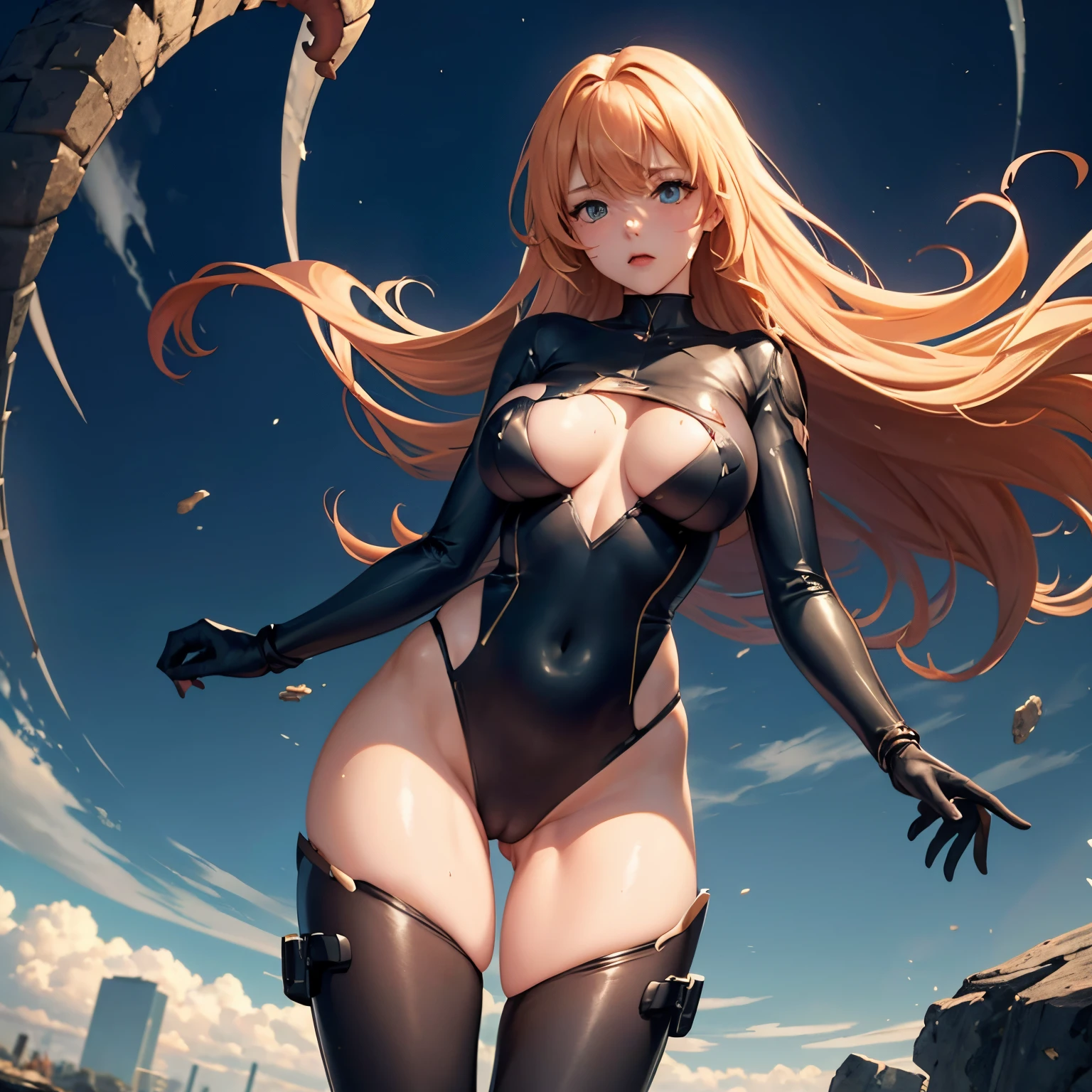 1girl in,A girl in a torn Superman bodysuit floats in the air, show her naked.、attacked by some mechanical tentacles.,her bodysuit is damaged、It was torn, Exposing her skin.,Idol-level cuteness,I'm so embarrassed that I almost cry,red blush,Teary-eyed,Long blonde hair fluttering in the wind,Slender but big breasts,a navel,shapely butt,tre anatomically correct,perfectly proportions,Precise fingers,Active Poses and Angles,Superman bodysuit that fits your body,The bodysuit was damaged in several places....、It was torn, Exposing her skin.,Sweaty skin,long boots,cloak flittering in the wind,How many undulating mechanical tentacles are there????????,Mechanical tentacles wrap around your legs.,In New York,masterpiece,hiquality,erotick,