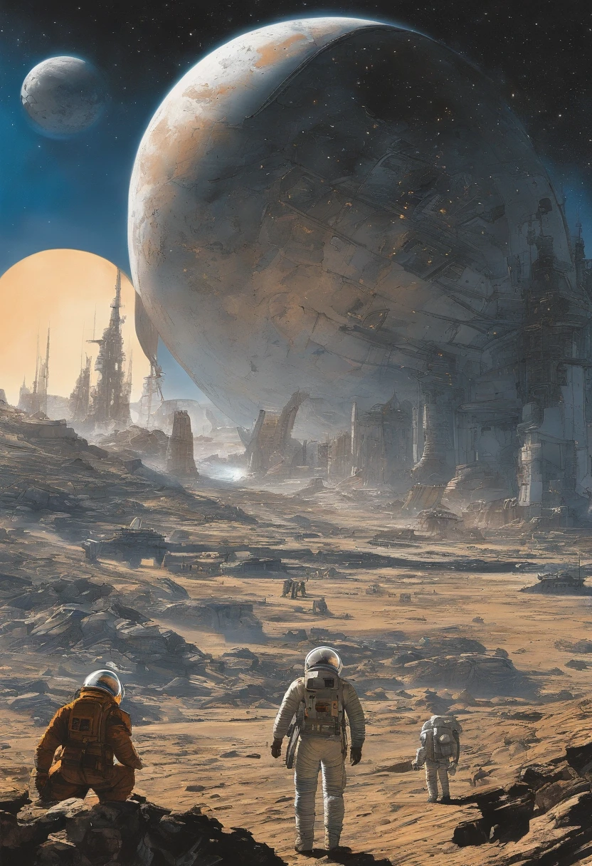 spaceships、Katsuhiro Otomo's painting style、desolate star々々、kosmos、Destroyed buildings、man looking for space suit、Giant Fighter