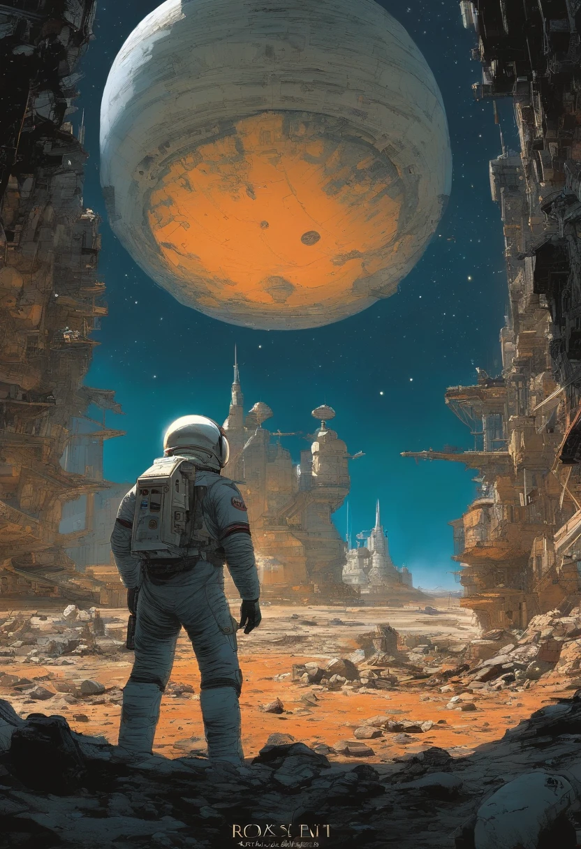 spaceships、Katsuhiro Otomo's painting style、desolate star々々、kosmos、Destroyed buildings、man looking for space suit、Giant Fighter