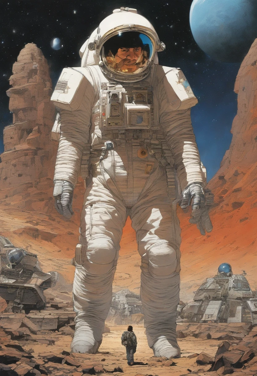 spaceships、Katsuhiro Otomo's painting style、desolate star々々、kosmos、Destroyed buildings、man looking for space suit、Giant Fighter