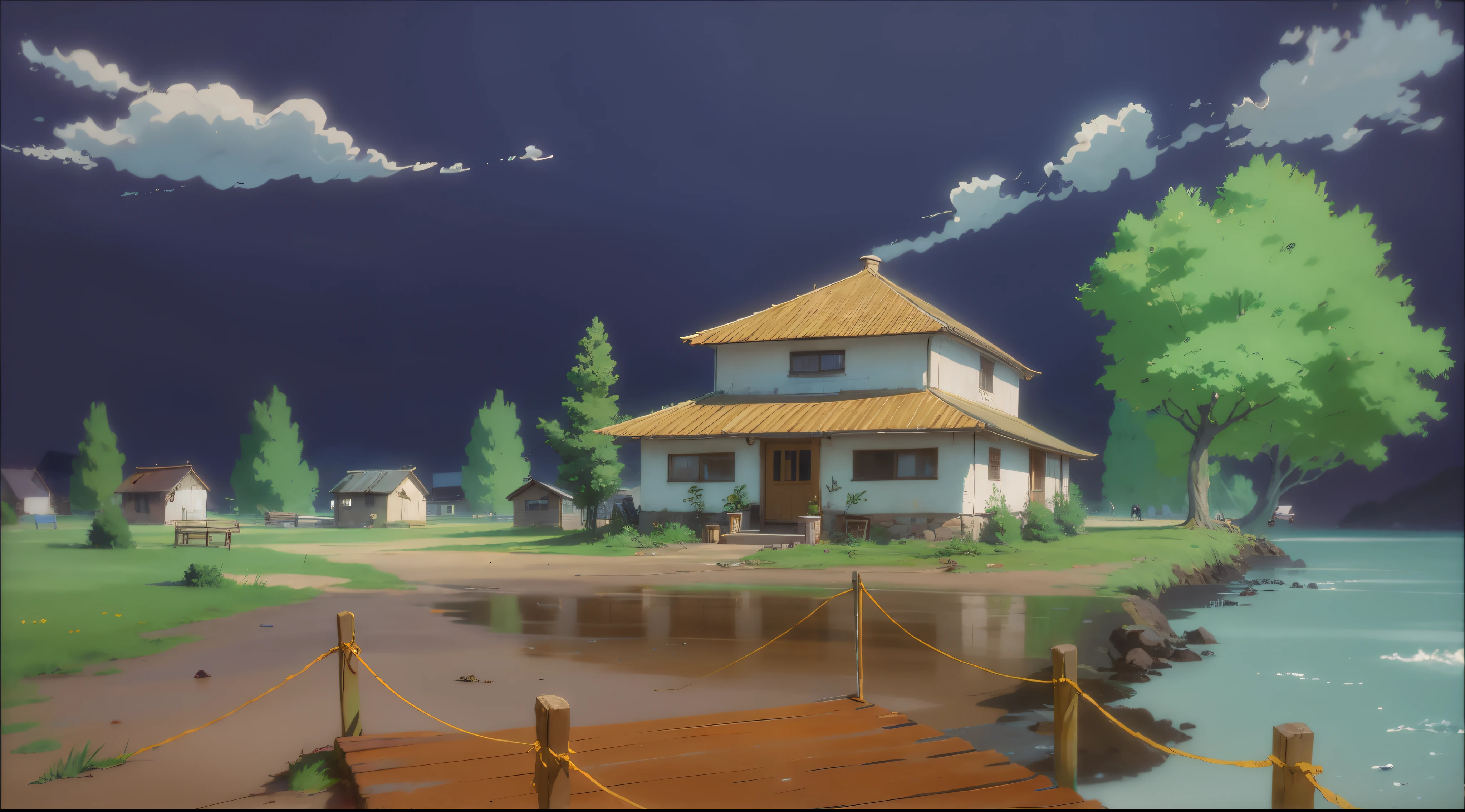 there is a small house on the shore of a lake, anime countryside landscape, in style of makoto shinkai, anime scenery, style of makoto shinkai, makoto shinkai style, anime background art, anime scenery concept art, inspired by Makoto Shinkai, makoto shinkai art style, anime landscape, anime, anime style, 4k, 4k detailed,