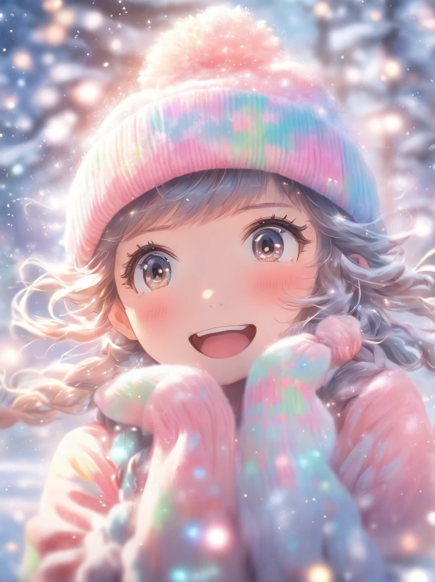 The exhaled breath is white：1.5，wearing a pink knitted hat，Snowflakes and stars on pink and blue background, Ayako Rokkaku&#39;pastels, Tumbler, holography, light snowing, pastel faded effect, snowy background, light snowing, background is heavenly, Dancing snowflakes, Snowflower, Gentle background, Background pastels, Shining snow, Snowflower, bokeh rainbow accent, snowflakes falling, magical background