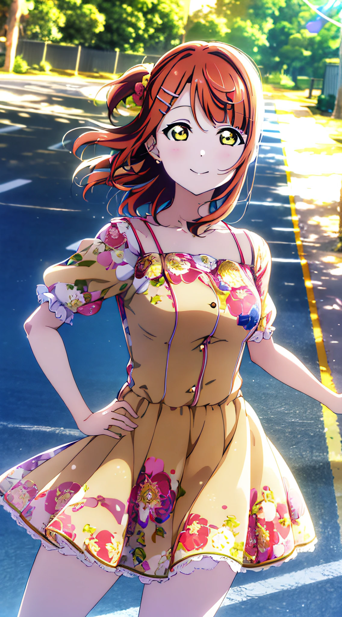 (best quality), (HD),high quality, best quality, masterpiece, ayumu uehara, 1girl, Anime-style color grading, bushiroad studio coloring style, yellow eyes, medium hair, (down hair), smilling, thighs,  ((in front of house:1.2)), sunny day, hands