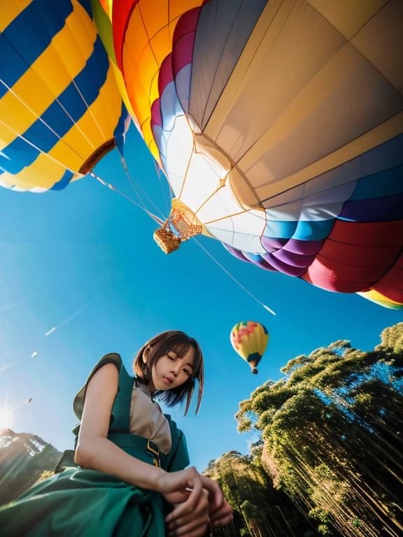 ((top-quality、in 8K、masterpiece:1.3、Raw photo))、((Japanese female idol riding a hot air balloon)), Super high quality photos, Hot air balloon flying high above the vast jungle, Under the balloon is a vast tropical jungle, (Photorealistic: 1.4), (hyper realisitic: 1.4), (Realistic: 1.3), (Smooth lighting: 1.05), (Improved film illumination quality: 0. 9), 32K, (Quality Improvement: 1.4), Cinematic lighting、((Hot air balloon flying high above the vast jungle)), ((Japanese female idol riding a hot air balloon)), ((Perfect beauty)), ((Slim and beautiful proportions)), ((evening)), Very beautiful Japan idols, Slim legs, Wear a see-through shirt,