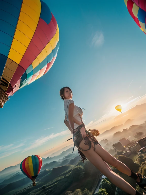 ((top-quality、in 8K、masterpiece:1.3、Raw photo))、((Japanese female idol riding a hot air balloon)), Super high quality photos, Hot air balloon flying high above the vast jungle, Under the balloon is a vast tropical jungle, (Photorealistic: 1.4), (hyper realisitic: 1.4), (Realistic: 1.3), (Smooth lighting: 1.05), (Improved film illumination quality: 0. 9), 32K, (Quality Improvement: 1.4), Cinematic lighting、((Hot air balloon flying high above the vast jungle)), ((Japanese female idol riding a hot air balloon)), ((Perfect beauty)), ((Slim and beautiful proportions)), ((evening)), Very beautiful Japan idols, Slim legs, Wear a see-through shirt,