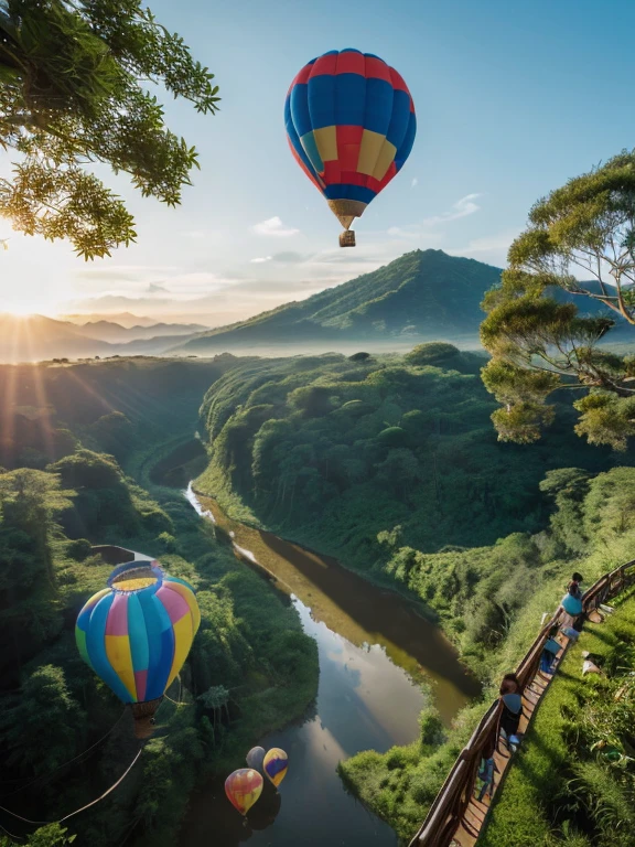 ((top-quality、in 8K、masterpiece:1.3、Raw photo))、((Japanese female idol riding a hot air balloon)), Super high quality photos, Hot air balloon flying high above the vast jungle, Under the balloon is a vast tropical jungle, (Photorealistic: 1.4), (hyper realisitic: 1.4), (Realistic: 1.3), (Smooth lighting: 1.05), (Improved film illumination quality: 0. 9), 32K, (Quality Improvement: 1.4), Cinematic lighting、((Hot air balloon flying high above the vast jungle)), ((Japanese female idol riding a hot air balloon)), ((Perfect beauty)), ((Slim and beautiful proportions)), ((evening)), Very beautiful Japan idols, Slim legs, Wear a see-through shirt,