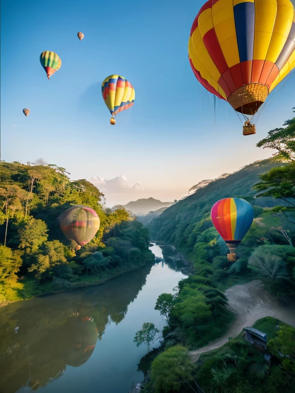 ((top-quality、in 8K、​masterpiece:1.3、Raw photo))、((Japanese female idol riding a hot air balloon)), Super high quality photos, Hot air balloon flying high above the vast jungle, Under the balloon is a vast tropical jungle, (Photorealistic: 1.4), (hyper realisitic: 1.4), (Realistic: 1.3), (Smooth lighting: 1.05), (Improved film illumination quality: 0. 9), 32K, (Quality Improvement: 1.4), Cinematic lighting、((Hot air balloon flying high above the vast jungle)), ((Japanese female idol riding a hot air balloon)), ((Perfect beauty)), ((Slim and beautiful proportions)), ((evening)), Very beautiful Japan idols, Slim legs, Wear a see-through shirt,