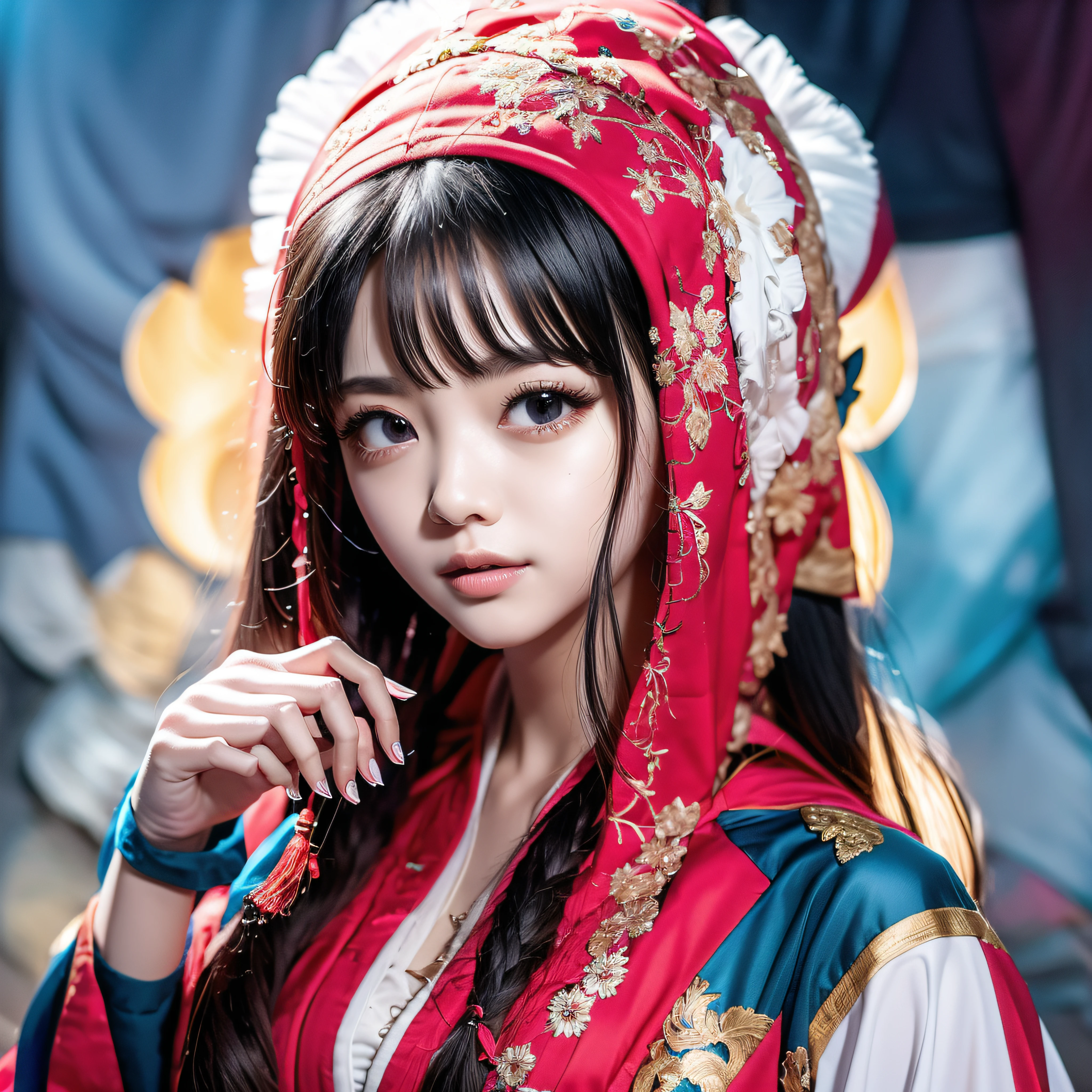 13 year old girl，exquisite facial features，Red clothes，Chinese woman