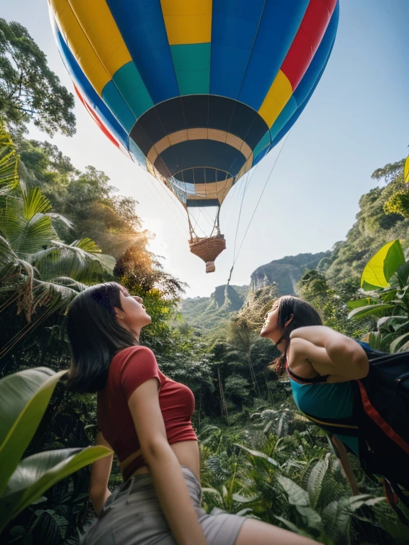 ((top-quality、in 8K、masterpiece:1.3、Raw photo))、((Japanese female idol riding a hot air balloon)), Super high quality photos, Hot air balloon flying high above the vast jungle, Under the balloon is a vast tropical jungle, (Photorealistic: 1.4), (hyper realisitic: 1.4), (Realistic: 1.3), (Smooth lighting: 1.05), (Improved film illumination quality: 0. 9), 32K, (Quality Improvement: 1.4), Cinematic lighting、((Hot air balloon flying high above the vast jungle)), ((Japanese female idol riding a hot air balloon)), ((Perfect beauty)), ((Slim and beautiful proportions)), ((evening)), Very beautiful Japan idols, Slim legs, Wear a see-through shirt,