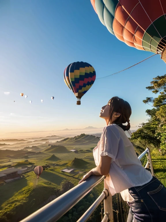 ((top-quality、in 8K、masterpiece:1.3、Raw photo))、((Japanese female idol riding a hot air balloon)), Super high quality photos, Hot air balloon flying high above the vast jungle, Under the balloon is a vast tropical jungle, (Photorealistic: 1.4), (hyper realisitic: 1.4), (Realistic: 1.3), (Smooth lighting: 1.05), (Improved film illumination quality: 0. 9), 32K, (Quality Improvement: 1.4), Cinematic lighting、((Hot air balloon flying high above the vast jungle)), ((Japanese female idol riding a hot air balloon)), ((Perfect beauty)), ((Slim and beautiful proportions)), ((evening)), Very beautiful Japan idols, Slim legs, Wear a see-through shirt,