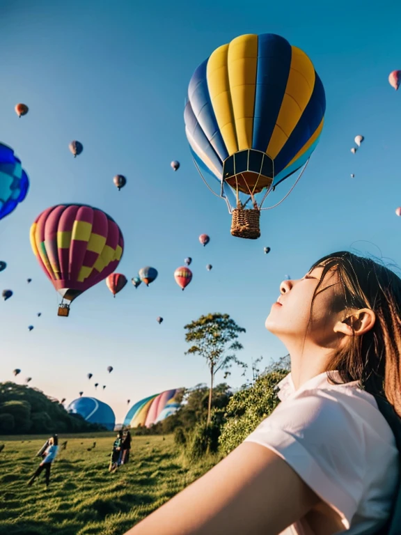((top-quality、in 8K、​masterpiece:1.3、Raw photo))、((Japanese female idol riding a hot air balloon)), Super high quality photos, Hot air balloon flying high above the vast jungle, Under the balloon is a vast tropical jungle, (Photorealistic: 1.4), (hyper realisitic: 1.4), (Realistic: 1.3), (Smooth lighting: 1.05), (Improved film illumination quality: 0. 9), 32K, (Quality Improvement: 1.4), Cinematic lighting、((Hot air balloon flying high above the vast jungle)), ((Japanese female idol riding a hot air balloon)), ((Perfect beauty)), ((Slim and beautiful proportions)), ((evening)), Very beautiful Japan idols, Slim legs, Wear a see-through shirt,
