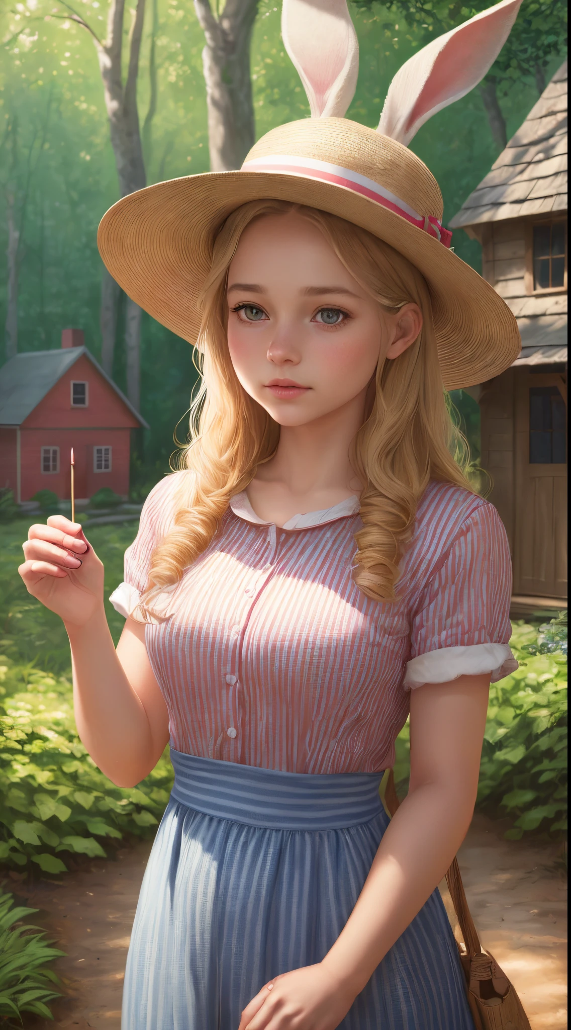(a girl, a rabbit) in a garden, (red striped shirt), (wearing a hat), (next to a house), (in the forest), (beautiful detailed eyes, beautiful detailed lips), (long eyelashes), (medium: illustrations or oil painting), (best quality, 4k, high-res, photorealistic), (ultra-detailed), (professional), (vibrant colors), (soft lighting), (peaceful ambiance).