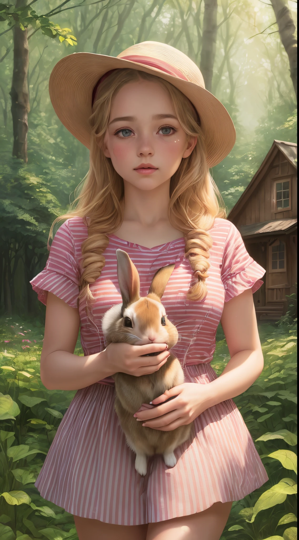 (a girl, a rabbit) in a garden, (red striped shirt), (wearing a hat), (next to a house), (in the forest), (beautiful detailed eyes, beautiful detailed lips), (long eyelashes), (medium: illustrations or oil painting), (best quality, 4k, high-res, photorealistic), (ultra-detailed), (professional), (vibrant colors), (soft lighting), (peaceful ambiance).