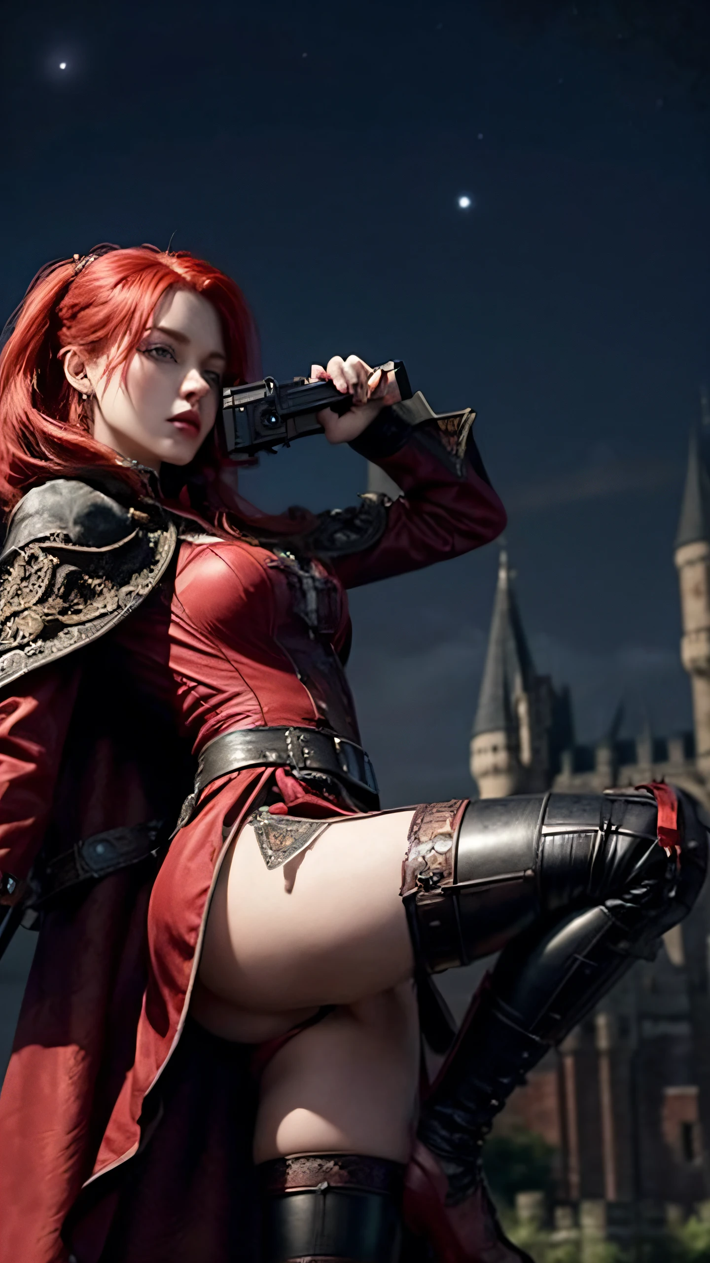 steampunc、Gothic fashion、Blue eyes、Red lips、red hairs、beauty legs、Seduction Pose、Crimson Cloak、Gothic dresses、micromini skirt、White lace shorts、Cameltoe、(((Flying kick while shooting a gun)))、(Full moon in the background)、(castle in background)