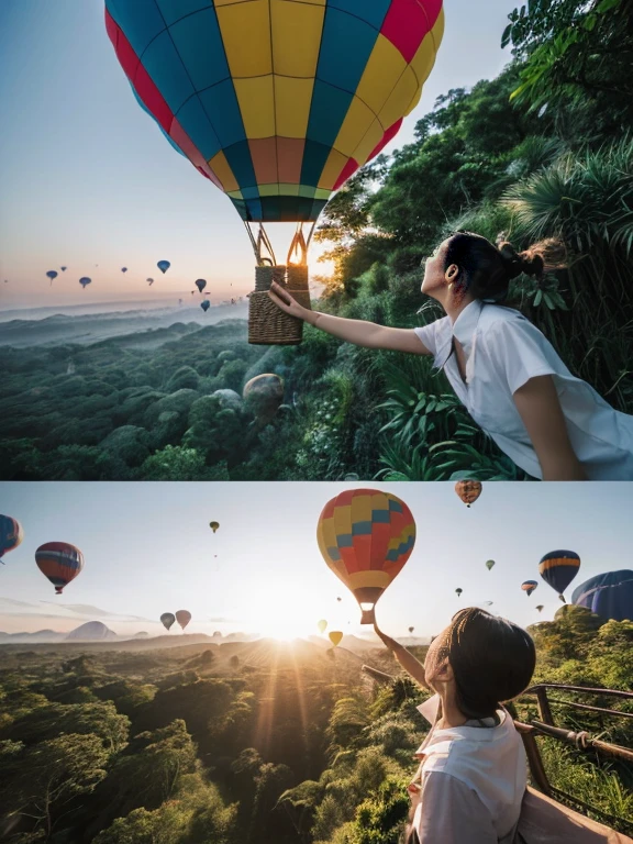 ((top-quality、in 8K、​masterpiece:1.3、Raw photo))、((Japanese female idol riding a hot air balloon)), Super high quality photos, Hot air balloon flying high above the vast jungle, Under the balloon is a vast tropical jungle, (Photorealistic: 1.4), (hyper realisitic: 1.4), (Realistic: 1.3), (Smooth lighting: 1.05), (Improved film illumination quality: 0. 9), 32K, (Quality Improvement: 1.4), Cinematic lighting、((Hot air balloon flying high above the vast jungle)), ((Japanese female idol riding a hot air balloon)), ((Perfect beauty)), ((Slim and beautiful proportions)), ((evening)), Very beautiful Japan idols, Slim legs, Wear a see-through shirt,